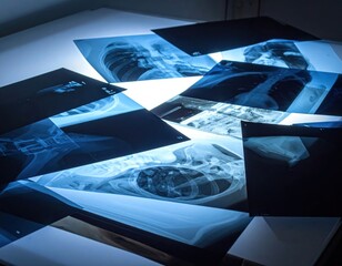 Medical X-ray images illuminated on a light table in a doctor's office.