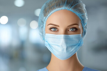 healthcare professional wearing surgical mask and cap, showcasing focused expression in medical environment. background is blurred, emphasizing subject