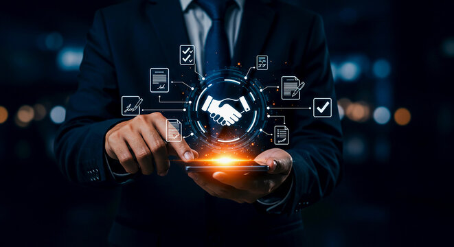 Businessman using a digital tablet with handshake and document icons for business agreement concept