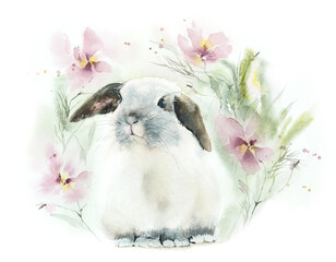 Funny bunny. White decorative rabbit sits under a pink flowers. Watercolor hand drawn illustration