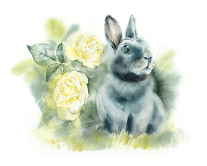 Grey bunny. Yellow roses bush. Watercolor hand rawn illustration