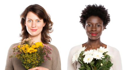 Two women celebrate teachers with bright bouquets, created AI, PNG