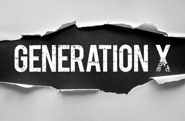 Word GENERATION X in bold, distressed font behind torn paper. Conceptual design symbolizing identity, cultural shift, and the distinct perspective of this influential demographic cohort