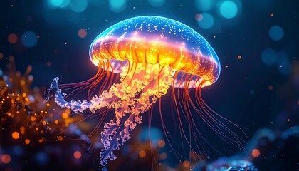 Fototapeta premium A macro ultra hyper realistic shot of a glowing, ethereal jellyfish made of interwoven glowing fibers.