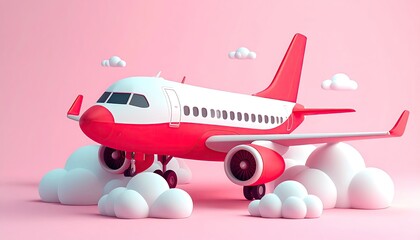 Cartoon airplane on pink clouds