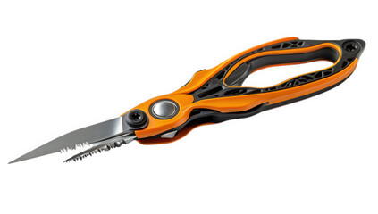 Orange and black fishing pliers with serrated jaws, isolated on transparent background, designed for cutting lines and removing hooks with ease and precision