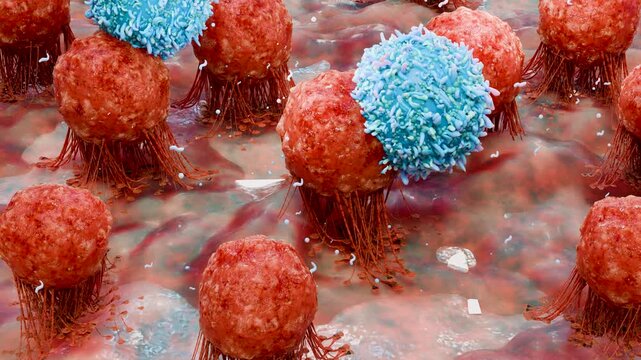 body immune response viral infection, lymphocytes, Cancer Immunotherapy, T cell and B-cell immune system fighting viruses, flagella, Dendritic or cancer tumor cells, Bacteria, 3d render	