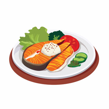 Illustration of a plate with salmon, tomato, cucumber, lettuce, and broccoli.