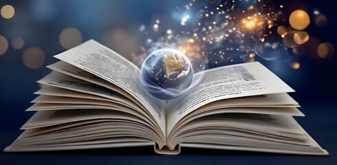 Open book with floating Earth and small globe, suitable for global knowledge, world travel, and educational or creative design concepts
