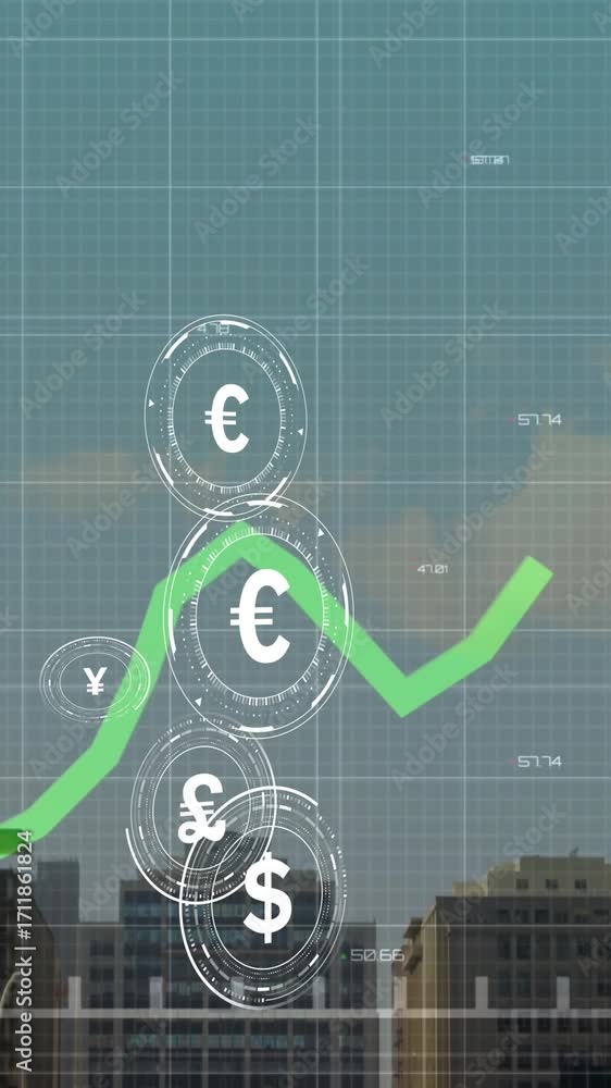 Poster currency symbols and green line graph animation over cityscape with skyscrapers
