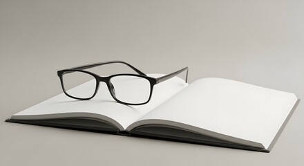 Eyeglasses resting on an open book with blank pages, ready for reading.