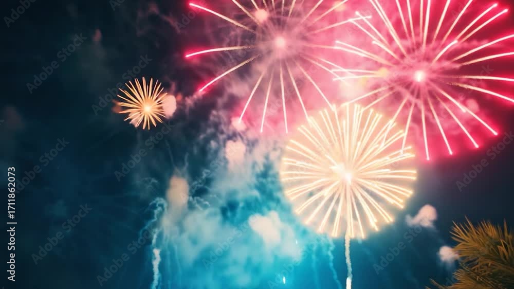 Poster explosive fireworks display in the evening sky with colorful sparks and lights