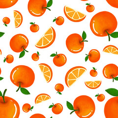 Seamless Pattern of Fresh Orange Fruits and Slices with Crayon Texture Full HD Transparent Background
