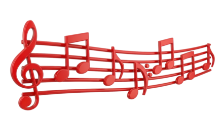 Isolated shiny red musical notes and treble clef on stave for artistic decoration