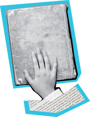 hand holding out a book art collage