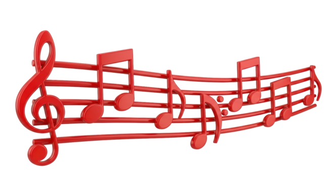 Isolated shiny red musical notes and treble clef on stave for artistic decoration