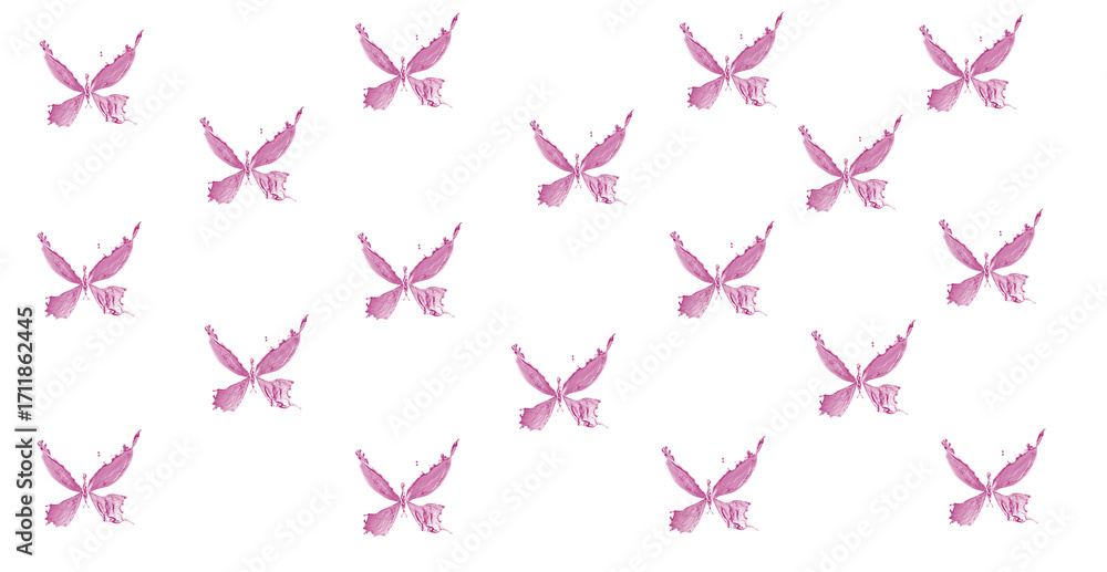 Poster magenta butterfly shapes scattered across a black background create a seamless pattern.