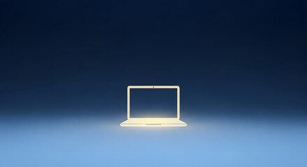 A glowing laptop silhouette is centered against a gradient blue background, representing technology.
