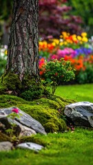 Obraz premium Lush garden with a tree trunk, moss, and rocks