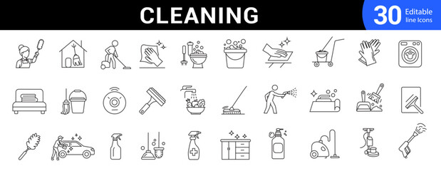 Cleaning line Icons set. Clean related line icons Washing, Vacuum Cleaner, Detergent, Household Cleaning Tools and Appliances. Editable stroke. Vector illustration
