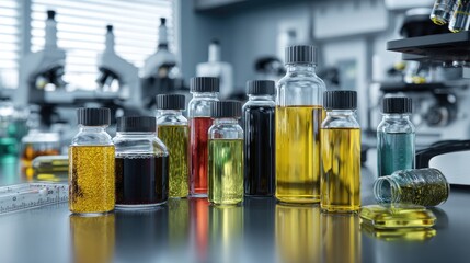 Colorful liquid samples in small glass bottles on a lab table, with microscopes in the background