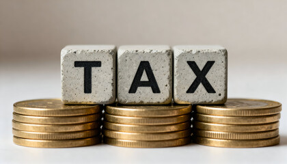 Concrete textured cubes displaying the word TAX over piles of coins
