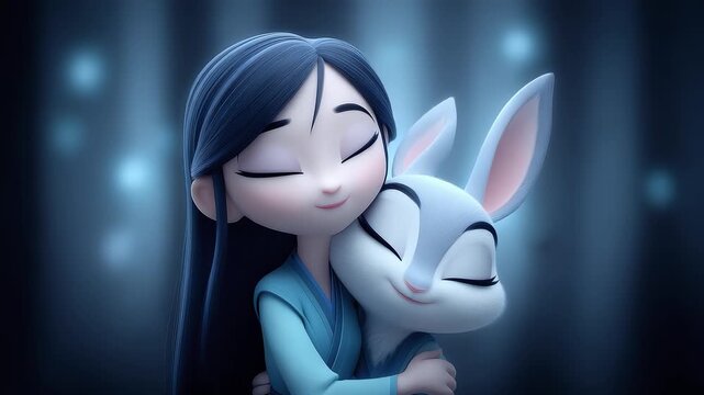 Girl and Rabbit Hugging Warmly Under Dreamy Starry Sky