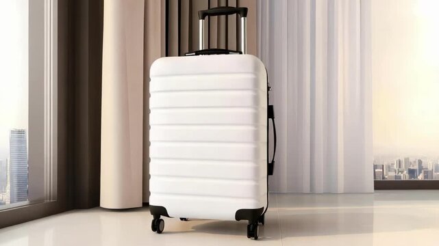 A white hard-shell suitcase with wheels stands in a bright hotel room by a large window overlooking the city.