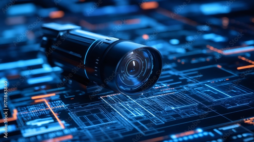 Aufkleber futuristic camera lens lying on circuit board, exploring artificial intelligence and cybersecurity