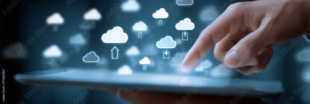 Aufkleber businessman using tablet managing cloud computing system with upload and download icons