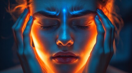 A woman deeply engaged in her thoughts, illuminated by warm and cool tones, expressing reflection and inner turmoil