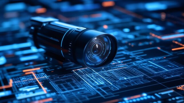 Futuristic camera lens lying on circuit board, exploring artificial intelligence and cybersecurity