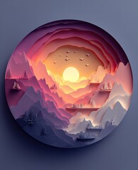 Circular paper-cut landscape, layered mountains, sunset