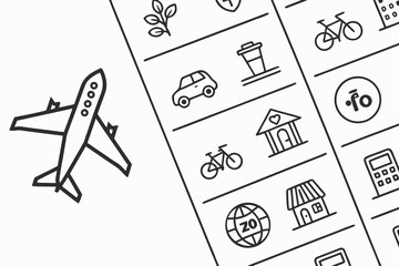 Airplane and Icons Representing Travel and Lifestyle.