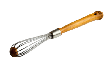 A whisk isolated on transparent background, featuring a wooden handle and a metal whisk head, is a kitchen tool used for blending ingredients and creating smooth mixtures