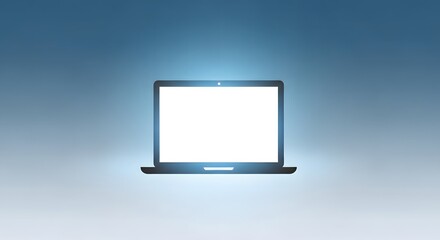 Laptop with a blank white screen centered on a blue gradient background, glowing with light.