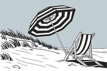 Beach Scene with Deck Chair and Umbrella.