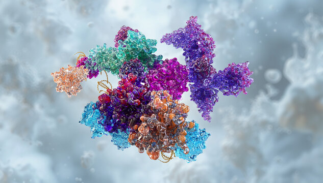 Spliceosome 3D complex: protein&ndash;RNA machinery performing pre-mRNA splicing. Structural molecular biology, gene expression, snRNPs, RNA processing. DNA, genetics, biotechnology, pharma, life science