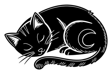 Black Cat Sleeping Curled Up Silhouette.