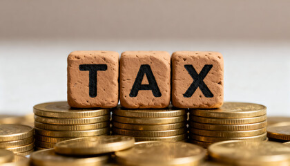Clay blocks with engraved TAX letters placed on golden coin stacks