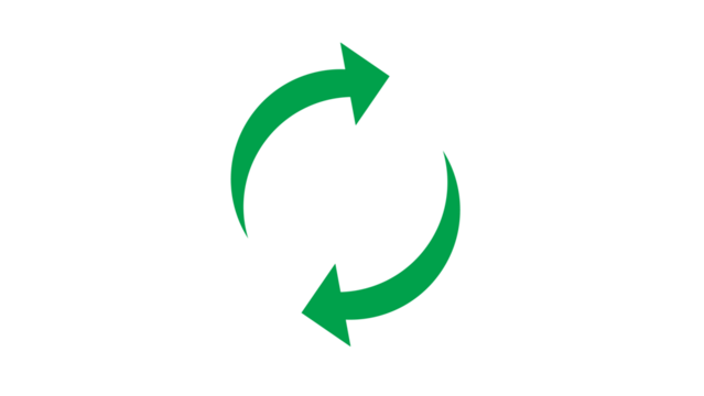 Two green curved arrows in a circular motion imply directionality on black ground.