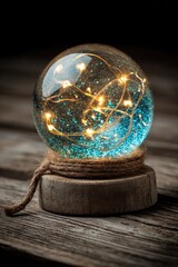 Clear sphere, teal accents, warm lights