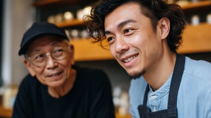 Obraz premium Asian man and woman smiling at camera in store.
