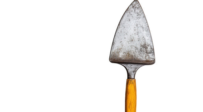 Closeup of a dirty trowel with a yellow handle isolated on transparent background, showcasing its weathered texture and the tools practical use in gardening and construction