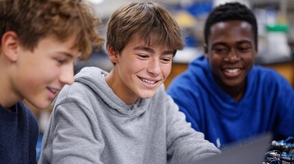 Three young boys sitting at a computer desk in a classroom.