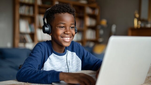 A young boy engrossed in his laptop at night.