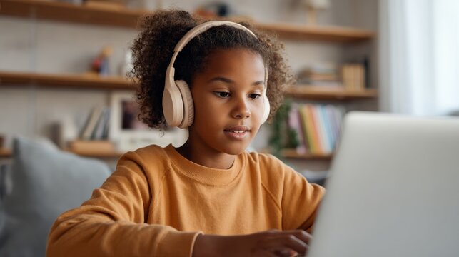 Girl using laptop with headphones.
