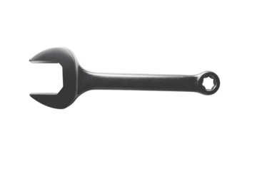 A single black wrench isolated on transparent background, showcasing its simple design and functionality as a tool for tightening and loosening nuts and bolts in various applications