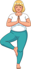 Woman practicing yoga tree pose with serene expression