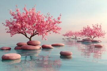 Pink cherry blossoms on smooth stones in calm water